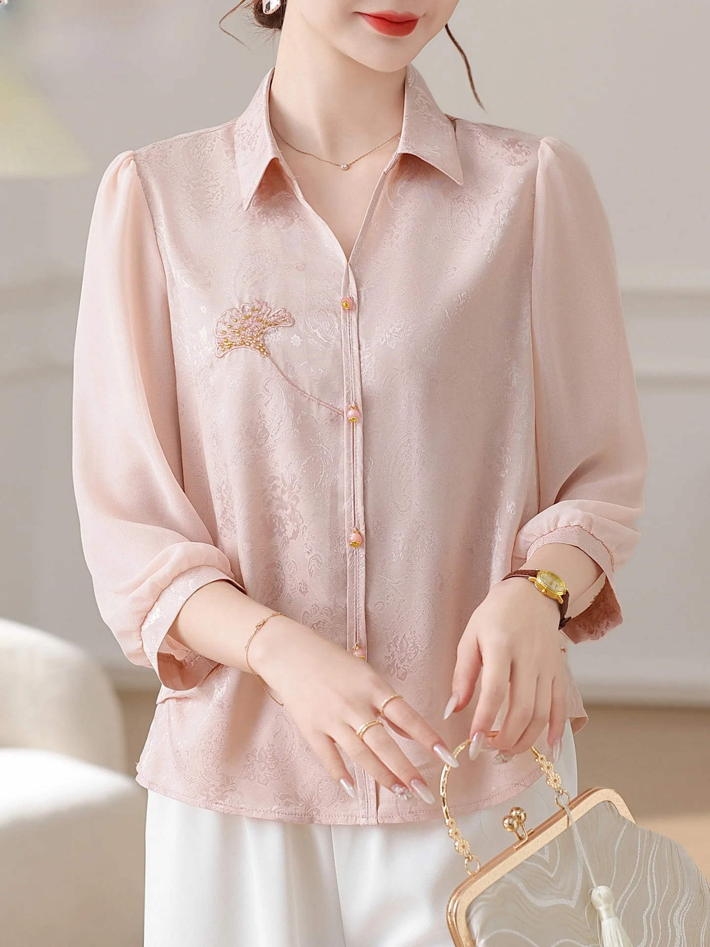 

New Chinese Sle Spring Outfit Set for Mom Seven Sve irt Ele Top for Middle-Aged And ly Women Faionable