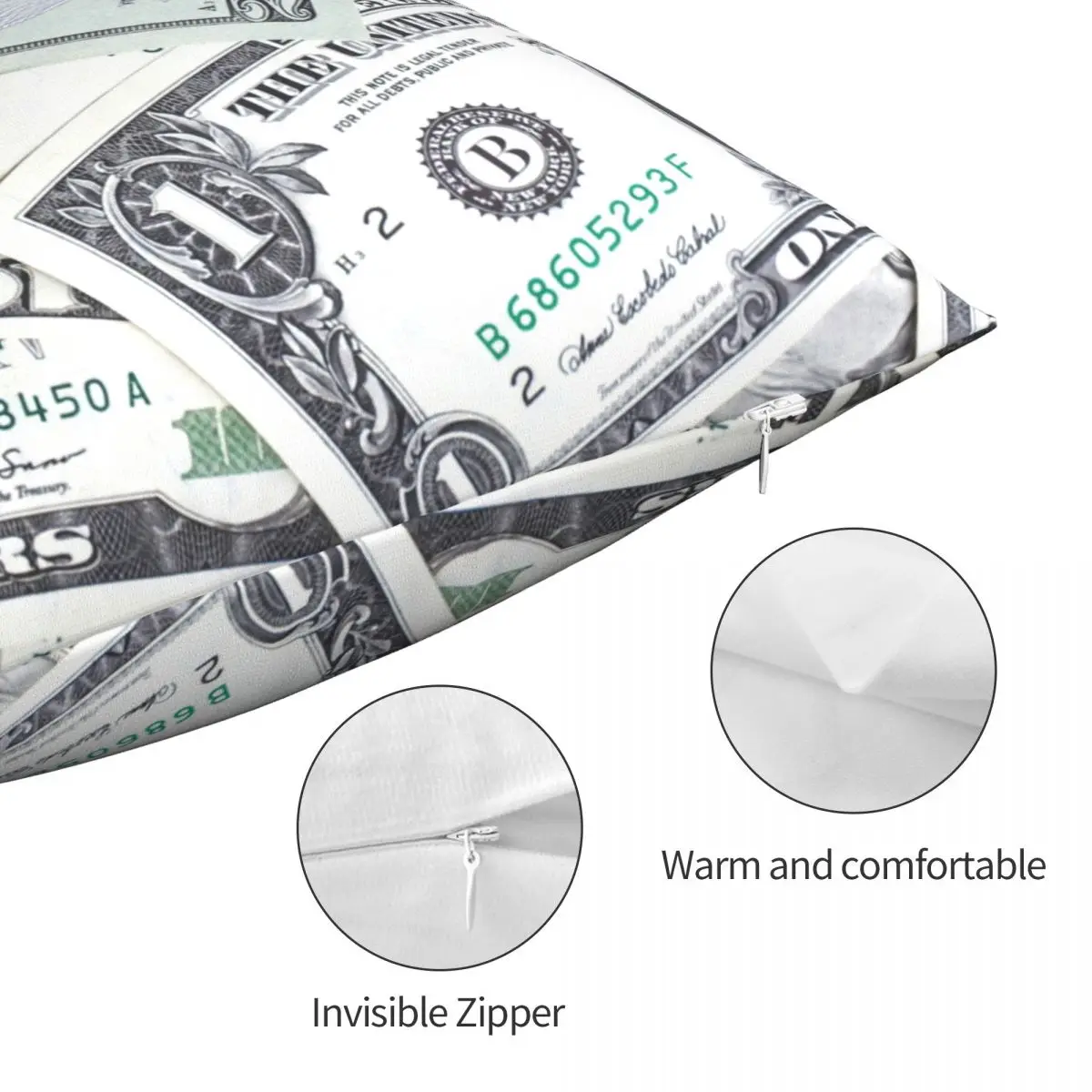 Vintage Dollars Banknotes Pillowcase Printing Polyester Cushion Cover Decorations Pillow Case Cover Living Room Zipper 40X40cm