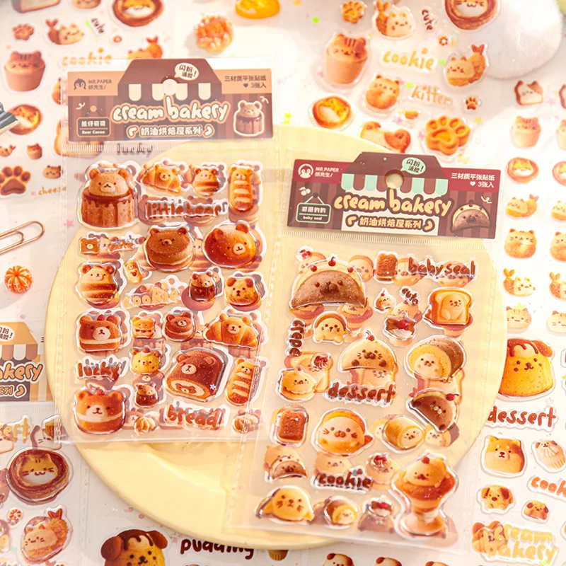 

Mr.Paper 3pcs Creamy Bakery Stickers, Cute Pet Illustration Multi-Material, Self-Adhesive Journal Decor, Creative Collage Supply