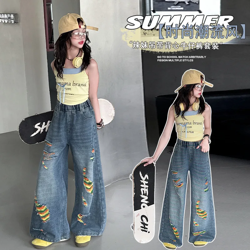 Teenage Girls Ripped Jeans for New Autumn Children's Casual Loose Straight Destroyed Blue Denim Trousers Age 5 7 9 11 13 14 Year