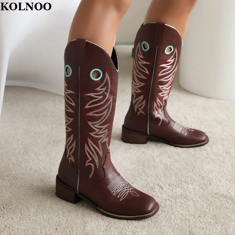 

Kolnoo New Retro Style Handmade Womens Boots Embroidery Sewing Vintage Large Size 35-48 Midcalf Booty Evening Fashion Prom Shoes