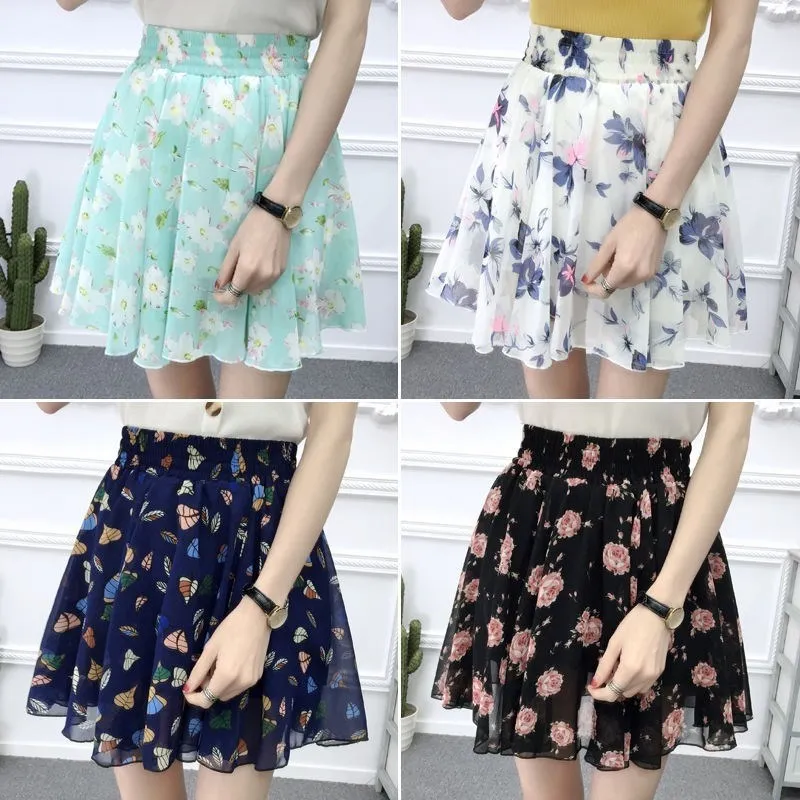 Summer 2026 Korean Style  Floral Chiffon Skirt Pants High Waist Elastic Slimming Short Skirt Cute Splicing Casual Print