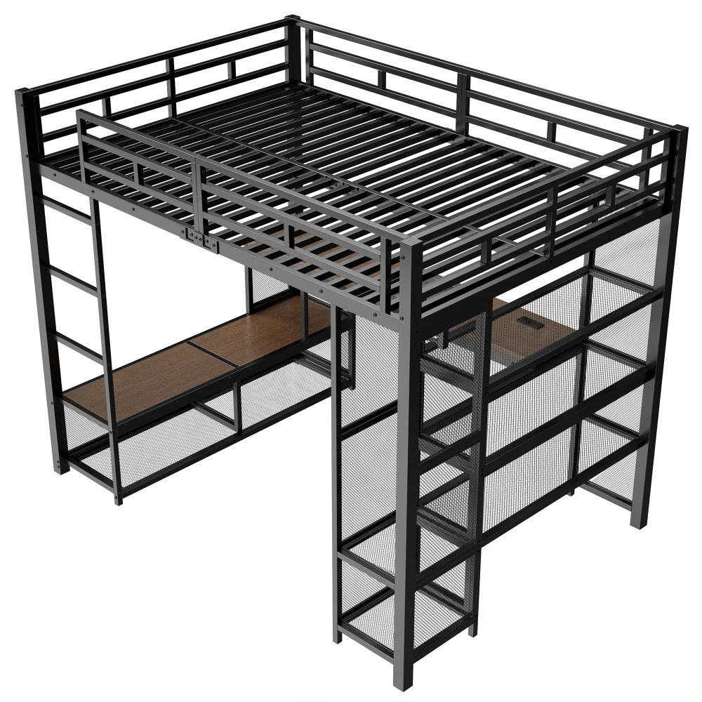 140 x 200 cm großes Hochbett aus Metall mit Stauraum und offenem Kleiderschrank, Kinderzimmerbett mit USB-Anschluss und LED-Beleuchtung, Schwarz/Weiß – Detail 10