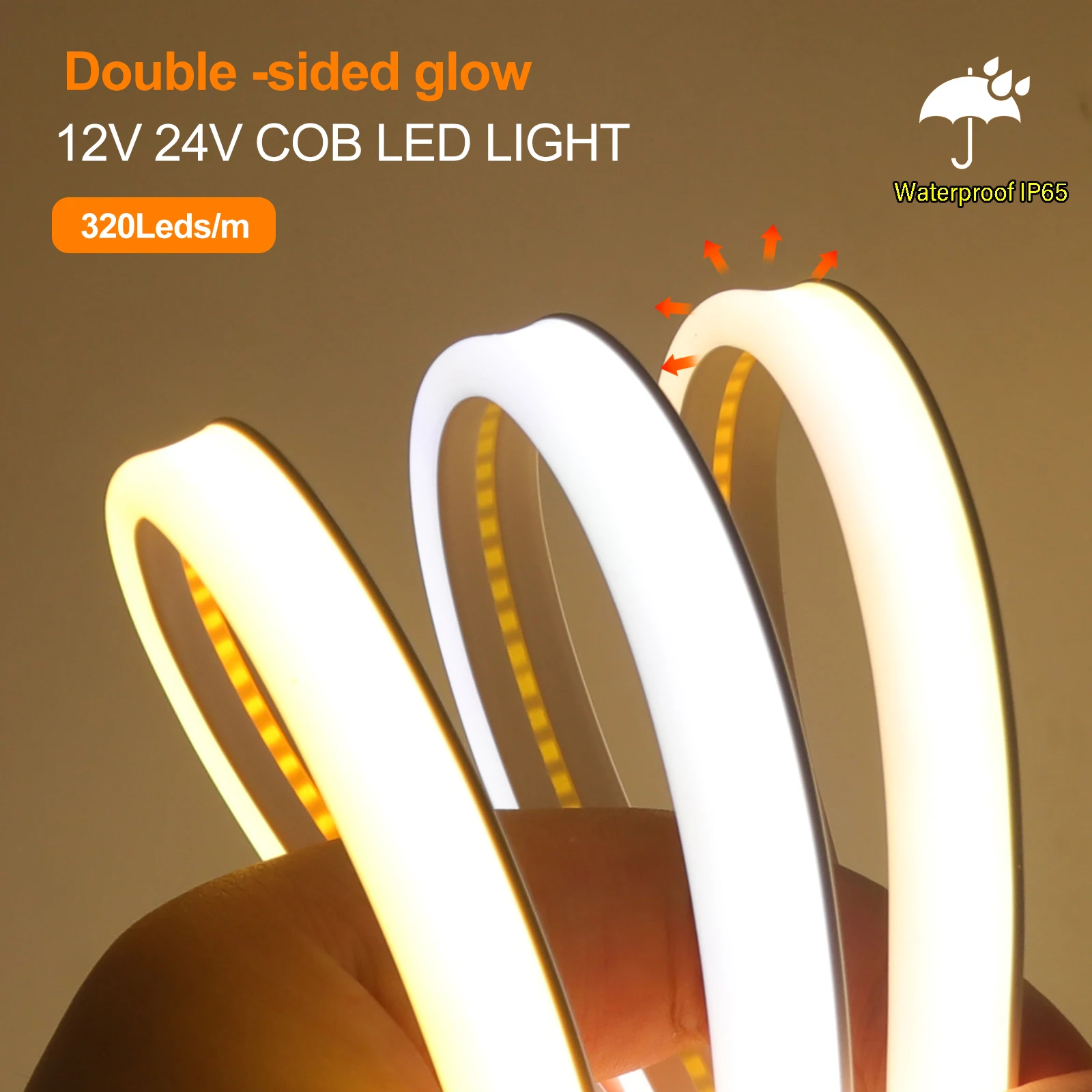 

12V 24V COB LED Strip Light with 2 Wire High Brightness 320 LEDs/M Waterproof Flexible Neon Ribbon Tape for Garden Room Lighting
