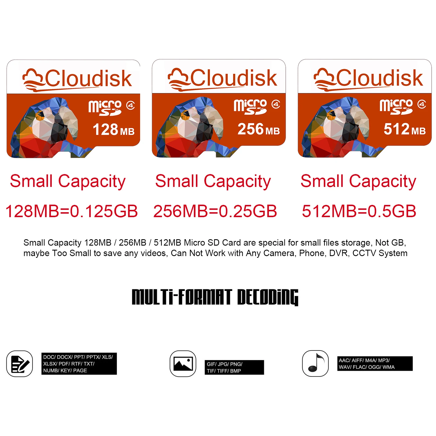 بطاقة ذاكرة Cloudisk ذات سعة صغيرة Micro SD سعة 128 ميجابايت 256 ميجابايت 512 ميجابايت (512 ميجابايت = 0.5 جيجابايت) بطاقات C4 Parrot TF لصور MP3 ملفات صغيرة