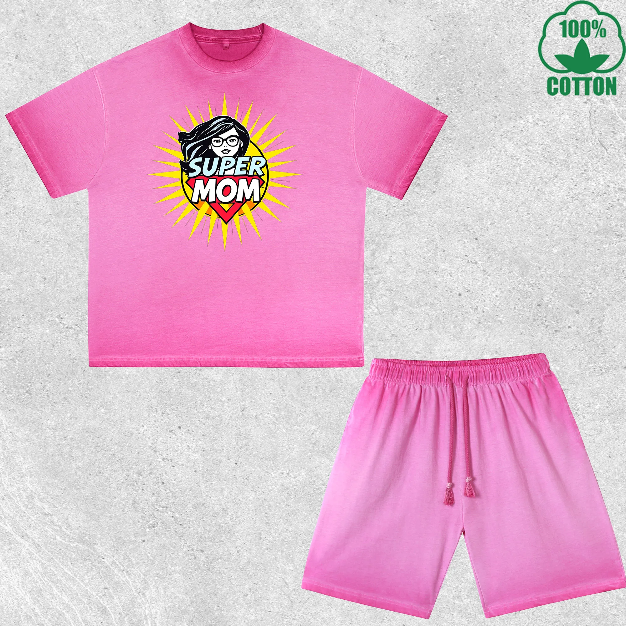 

Super Mom Printed Dirty Wash T-Shirt Shorts Set Multicolor Combo Loose Trendy Fashionable 100%Cotton Short Value Pack