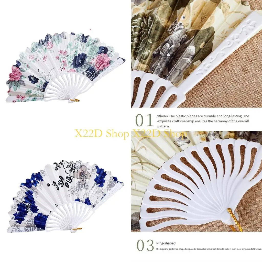 X22D Plastic Folding Hand Fan with Flower Pattern and White Carved Handle for Shop Display, Stage Use and Home Styling
