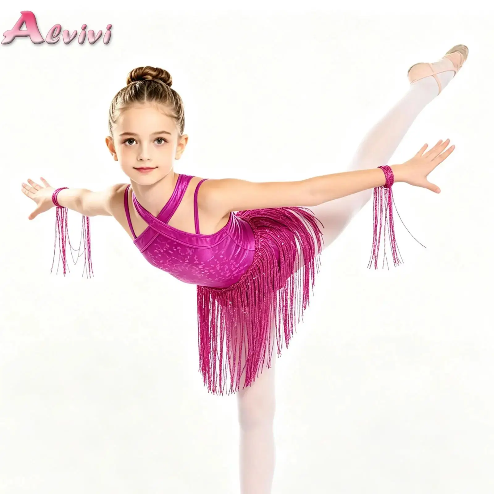 Kids Girls Sequins Tassel Metallic Leotard Dress Cross Front Sleeveless Fringed Bodysuit for Latin Ballroom Tango Dance Party