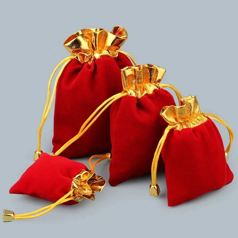 20Pcs/lot Red Gold Trim Velvet Drawstring Pouch Bag/Jewelry Bag Christmas/Wedding Gift Bag 7x9cm,8x10cm,10x12cm,12x15cm