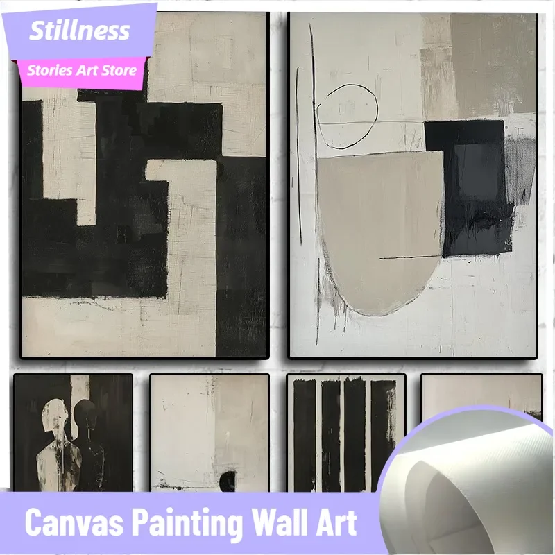 Stillness Stories Frameless Minimalist Abstract Neutral Black Beige Simple Geometric Figure Boho Poster Canvas Painting Wall Ar