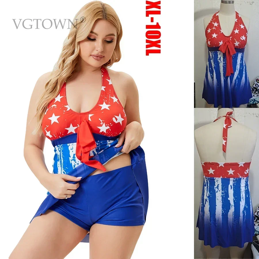 2025 New  Plus Size 8XL 10XL Women American Flag Printing Tankini Swimwear Ladies  Swimsuit Bathing Suit Beachwear