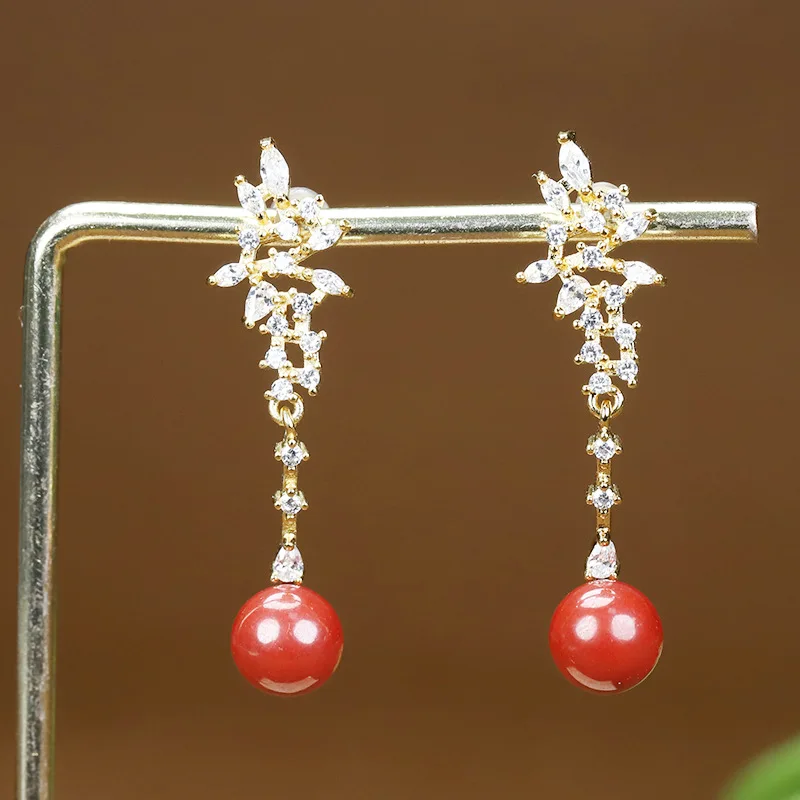 

New Ethnic Style Cinnabar Inlaid Earrings, Fashionable Versatile Earrings