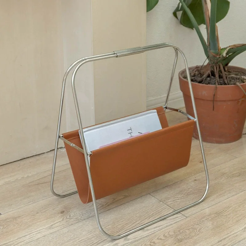 

Vintage Nordic Stainless Steel Leather Magazine Rack for Folding Newspaper Book Stand Floor Storage Organizer