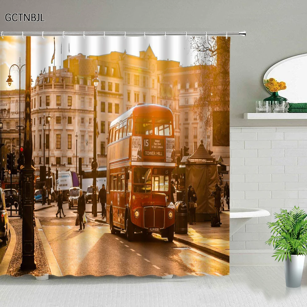 London Street Shower Curtain Retro Oil Painting European City Scenery Red Bus Bathroom Curtain Polyester Fabric Bathroom Product