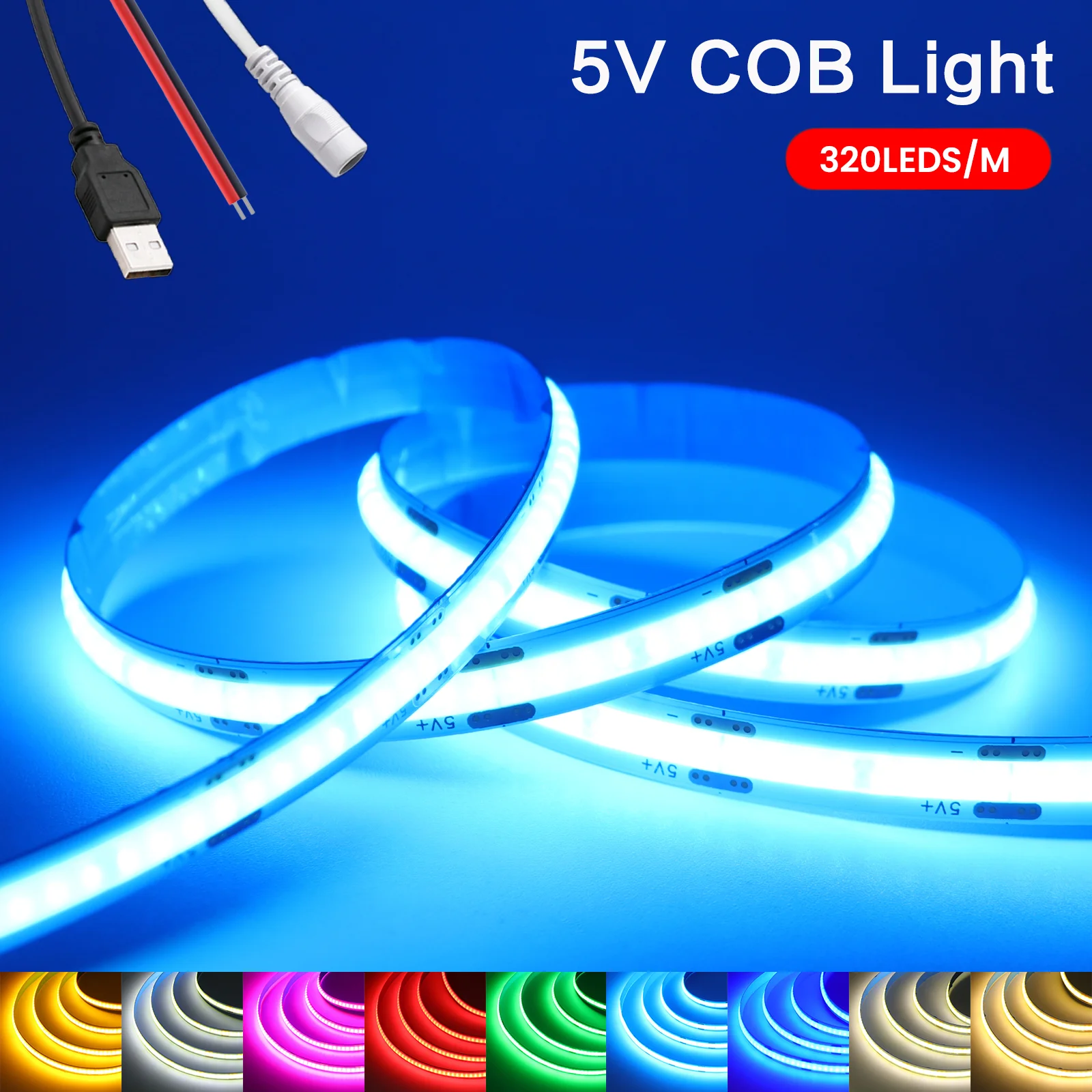 8MM COB LED Strip Light 5V 320LEDs/m Warm Natural Cold White Flexible LED Tape 0.5m 1m 2m 3m 4m 5m Room Decor Linear Lighting