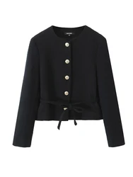 Women's Black Textured Blazer with Metal Buckle and Belt, Stylish Coat Jacket