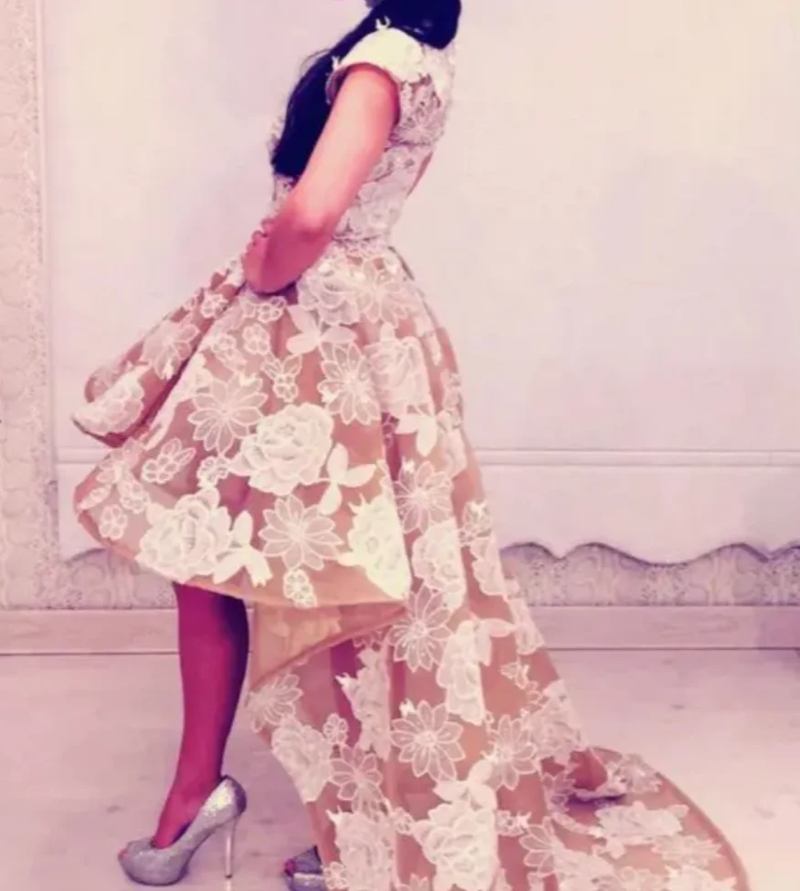 

Champagne High Front and Low Back Prom Dresses Long for Artabic Women 2025 Lace Floral Ball Gown Formal Evening Dress Customzied