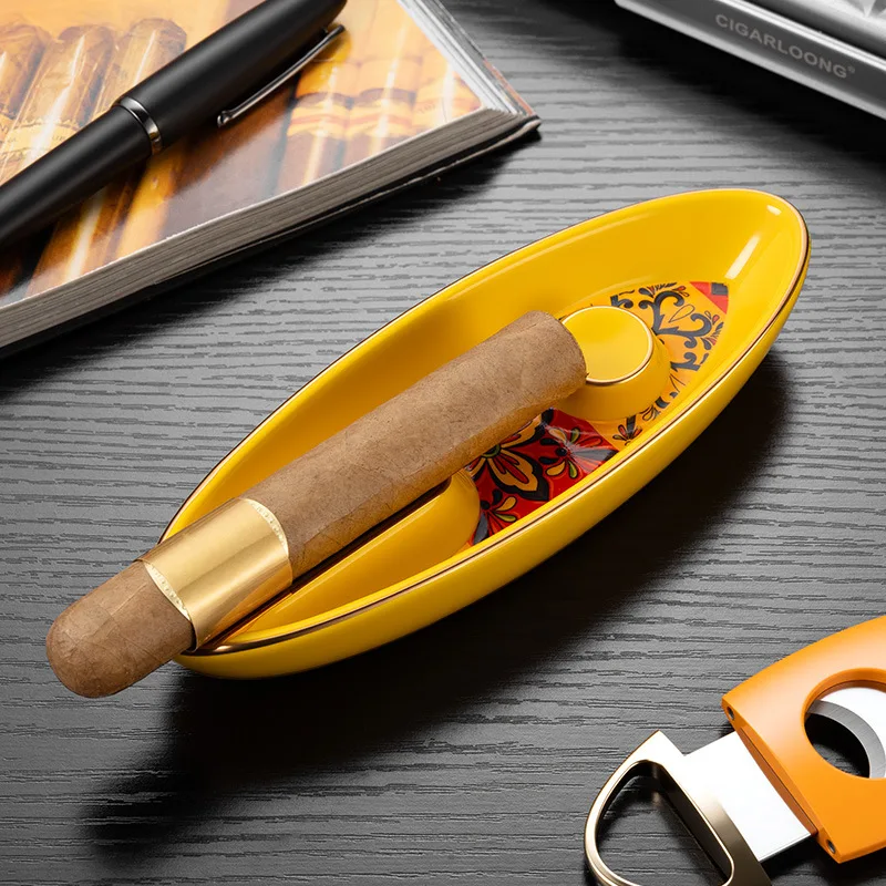 Ceramic Oval Boat Shape Cigar Ashtray with Large Diameter Slot Built-In Extinguish Column Design Anti Slip Base Cigar Holder