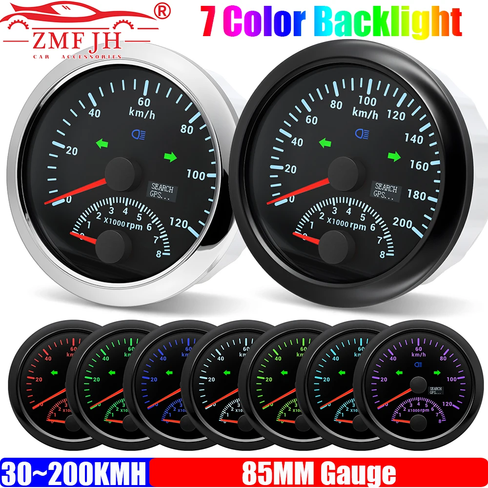 ZMFJH 120KMH,160KMH,200KMH GPS Speedometer+Tachometer 0~8000RPM 2IN1 85MM Gauge Left Right Turn Light Antenna 7 Color Backlight