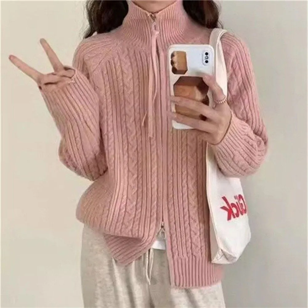 

Осень-зима взрывы женский кардиган-свитер пальто женский короткий полосатый трикотаж с двойной молнией свободный кардиган куртка женская