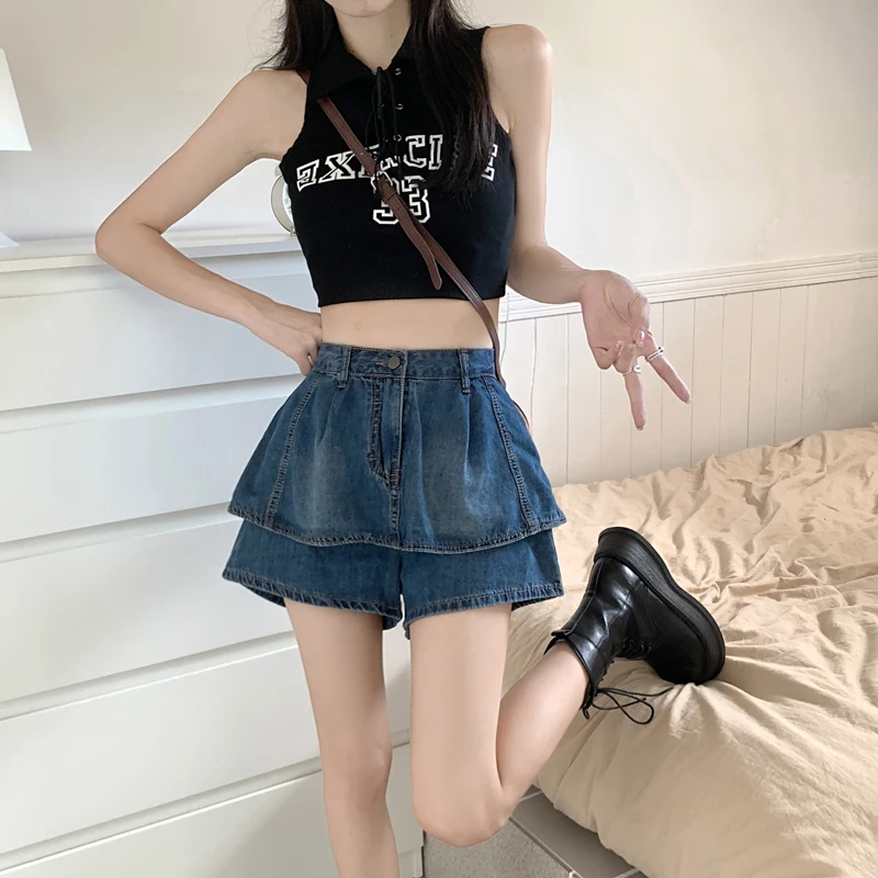 2023 New Spicy Girls' A-line Short Skirt Pants Slim Cake Retro High Waist Denim Skirt DQ1440