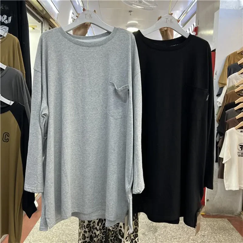 Hong Kong Style Simple Long-sleeved T-shirt for Women Korean Style Loose Solid Color Mid-length Top Bottoming Shirt