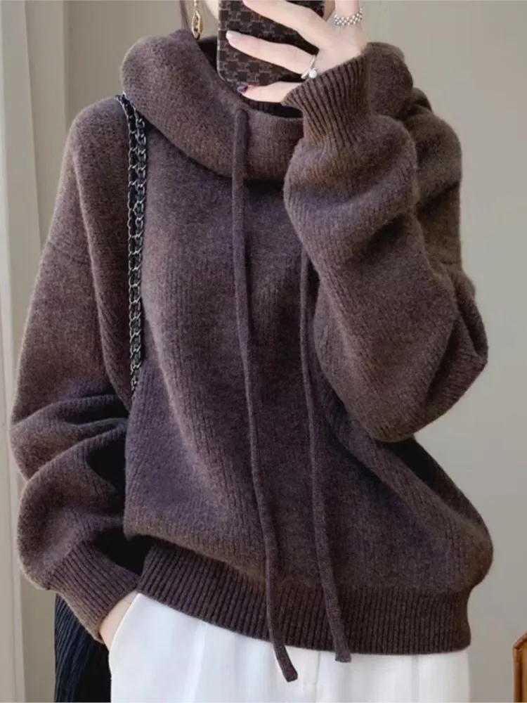 

Осень-зима, новые свободные вязаные толстовки, свитера, женский пуловер с капюшоном, толстый вязаный топ, джемпер на шнурке, офисный женский свитер