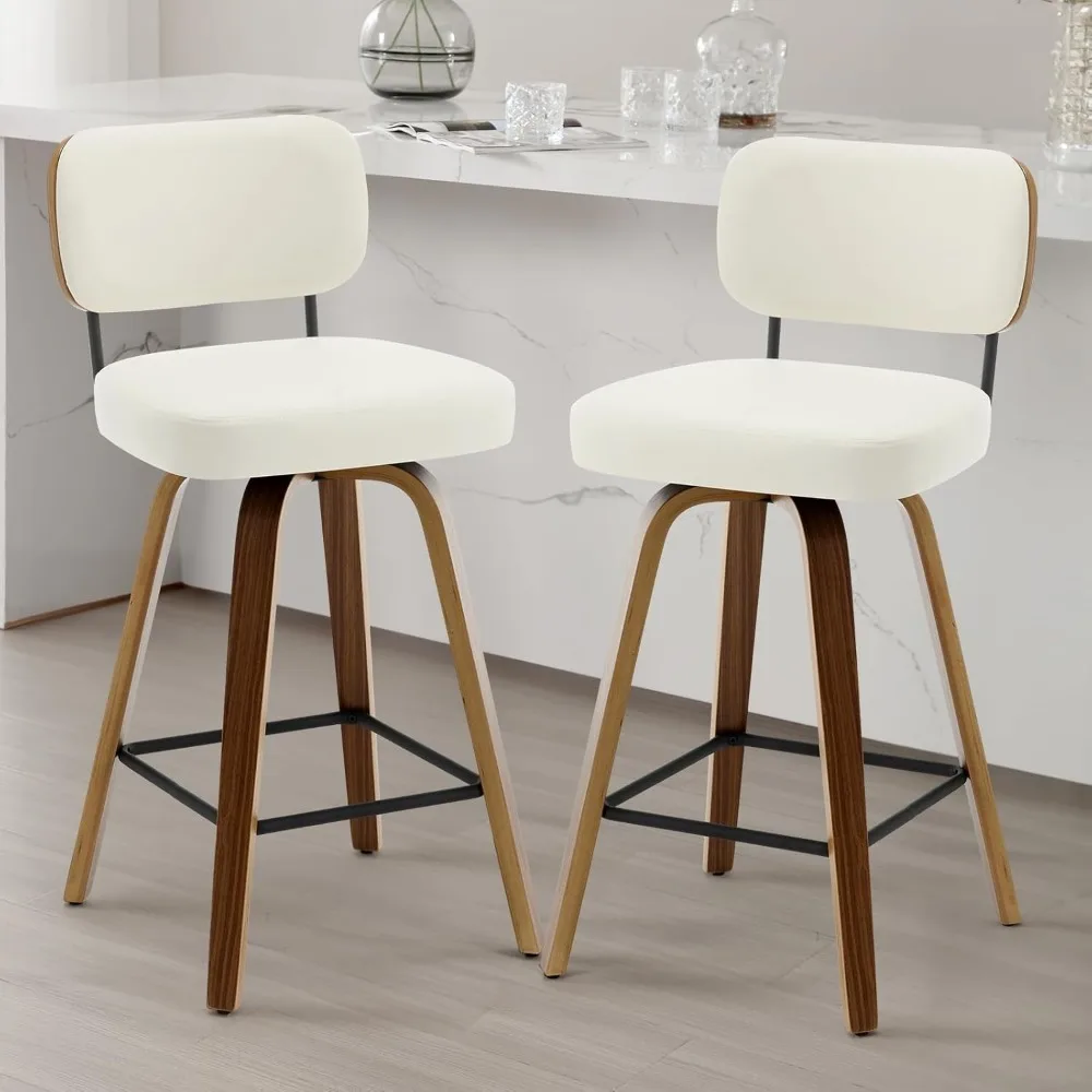 

Bar Stools Set of 2, 26" Swivel Counter Height PU Faux Leather Barstools with Back, Bent Solid Wood & Metal Legs, Mid-Century