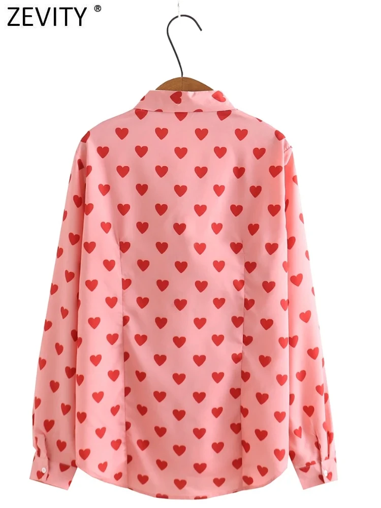 Zevity Women Sweet Bow Decoration Hearts Print Chiffon Blouse Ladies Long Sleeve Loose Shirts Chic Casual Blusas Tops LS10045