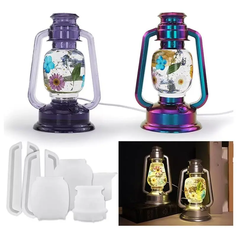 A01F-For DIY Retro Lantern Oil Lamp For Resin Molds Set-6Pcs Epoxy Light Molds With 2Pcs LED Lights For Resin Casting Short One