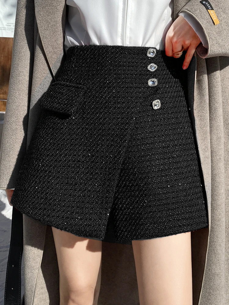 QOERLIN Vintage Tweed Mini Skirts with Shorts Fashin Skorts High Waist Irregular Skirt Luxury Back Zipper S-XL A-Line Saia Mujer