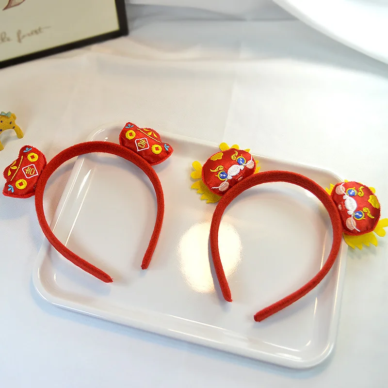 2024 Happy New Year Red Headband Chinese Cartoon Party Headwear Embroidered Hair Hoops Lion Dance Plush Hair Accessories