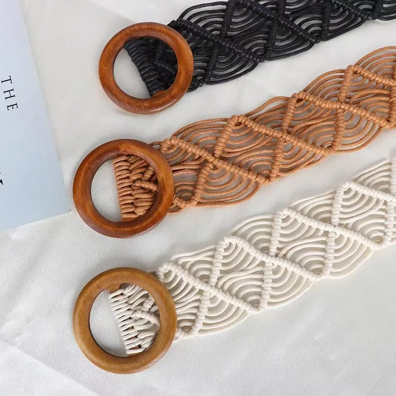 

Waistbands Accessories Wax Rope Hand-woven DIY All-match Braided Belt Women Waist Chain Round Wooden Button Ethnic Style Belts
