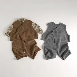 2024 Autumn New Children Knit Sweater Set Baby Boys Sleeve Knitted Vest Pants Outfits Kids Girls Vintage Knitted Sweater Suit