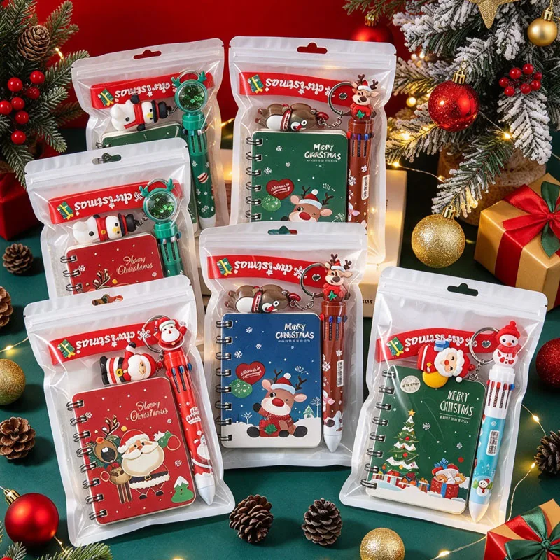 1-10Bags Xmas Stationery Gift Box Notebook Gel Pens Keychain Set for Student Exam Rewards Christmas Party Winter Festive Home