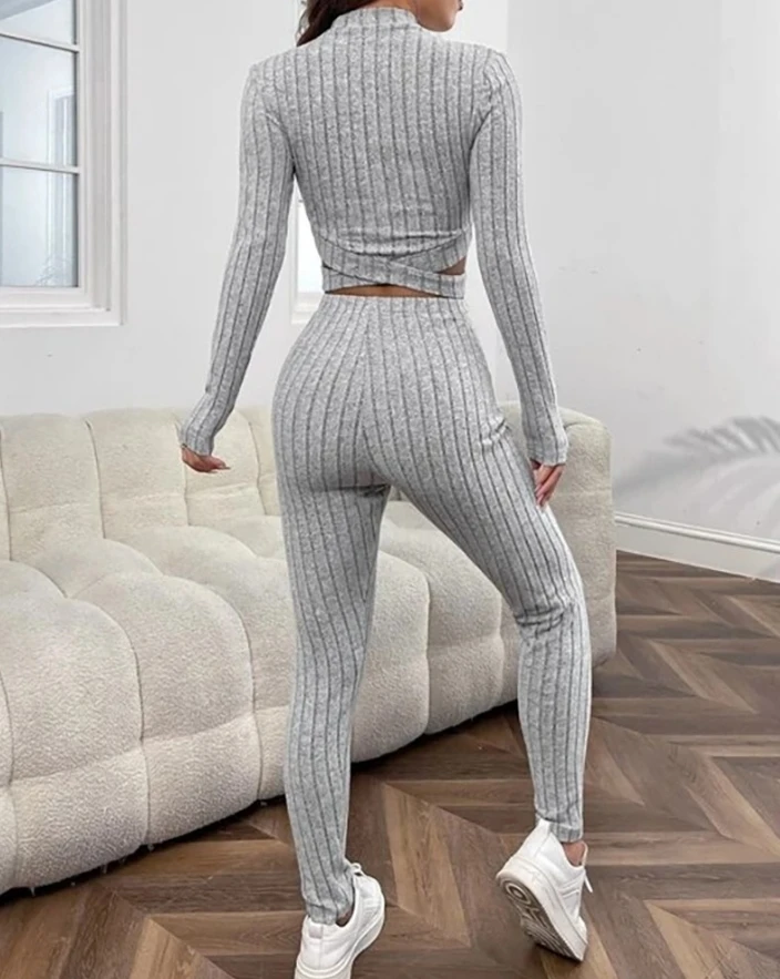 Women\'s Minimalist Suits 2024 Spring/summer Latest Casual Mock Neck Crisis Cross Crop Long Sleeve Top & Daily Sports Pants Set