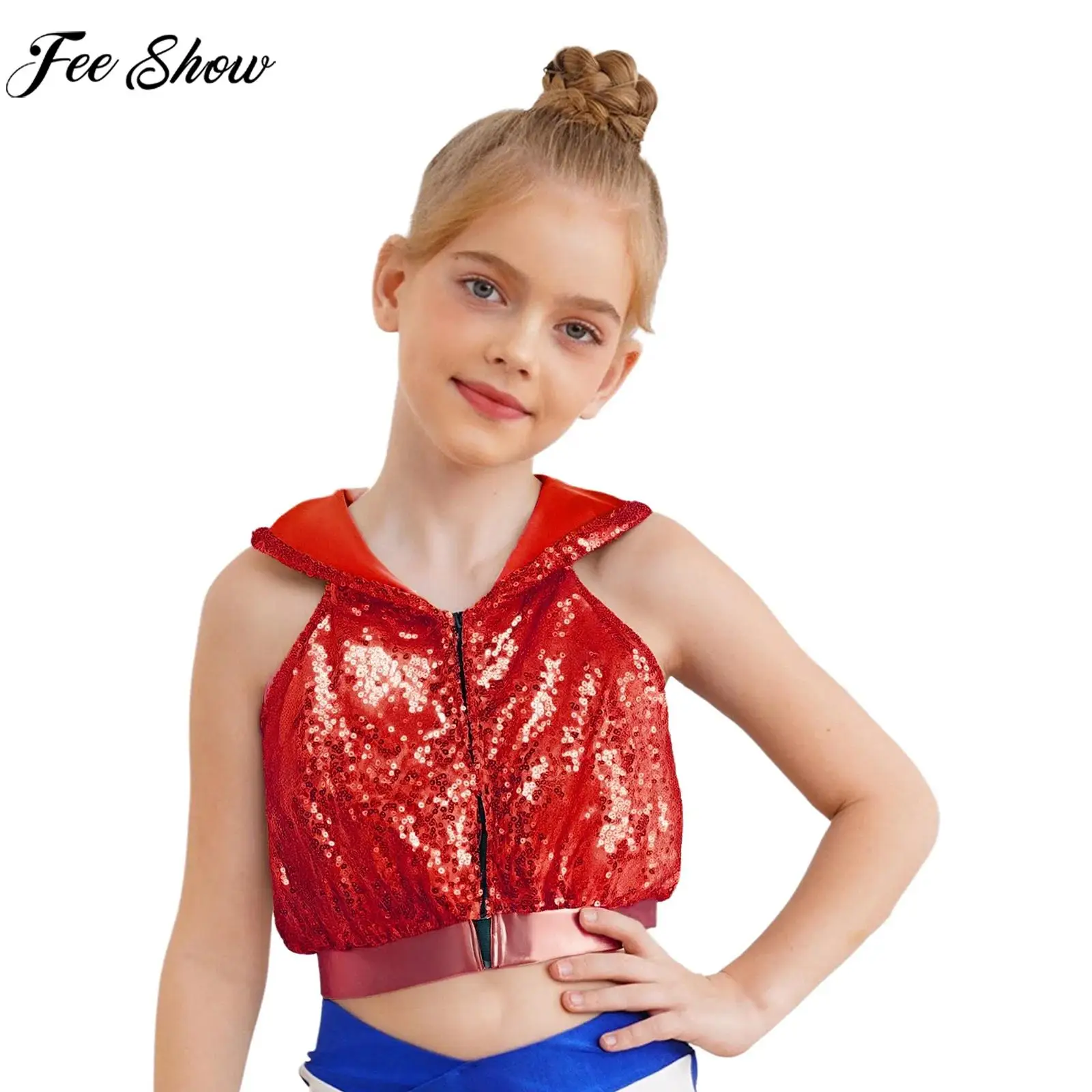 

Детский костюм для уличных танцев в стиле хип-хоп для девочек, жилет без рукавов с открытой спиной и молнией с блестками, укороченный топ, школьная танцевальная одежда для вечеринок
