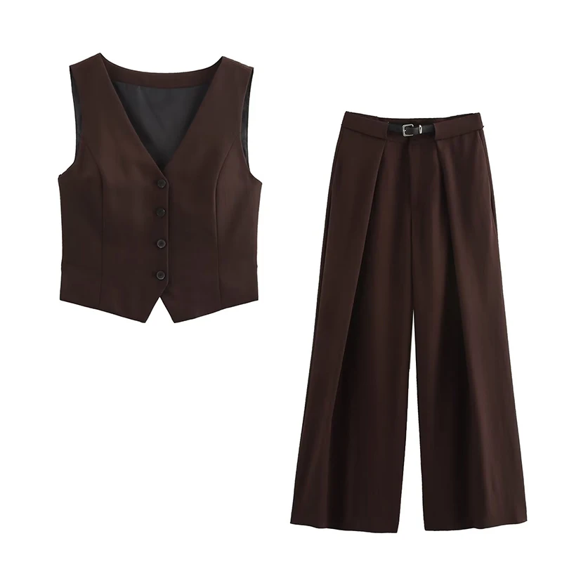 SIYANG Women Fashion Chic Chocolate Set Female Side Vents Wasitcoat With Belt Pleated Trousers Ladies Elegant Outfits