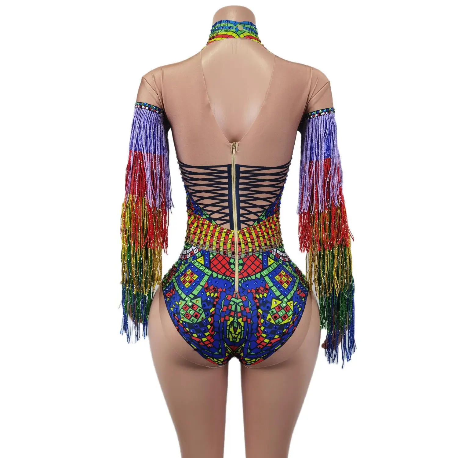 Sexy Multi-color Rhinestones Tassel Bodysuit Nightclub Dancer Party Stage Wear Pole Dance Fringe Crystal Leotard Costume Cizhuan