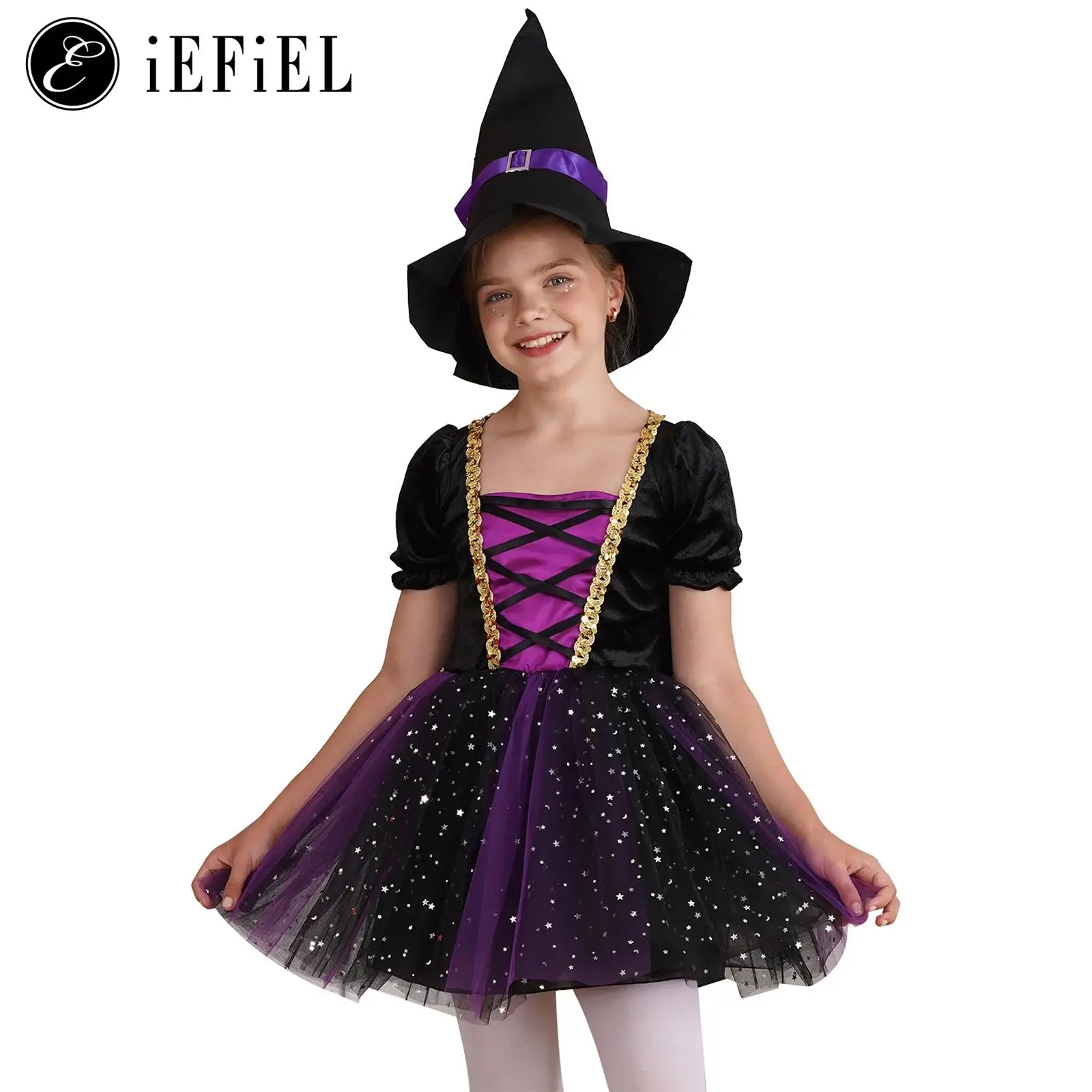 Kids Girls Fairytale Witch Halloween Fancy Dress-up Velvet Bubble Dress with High Magic Hat Dark Queen Costume