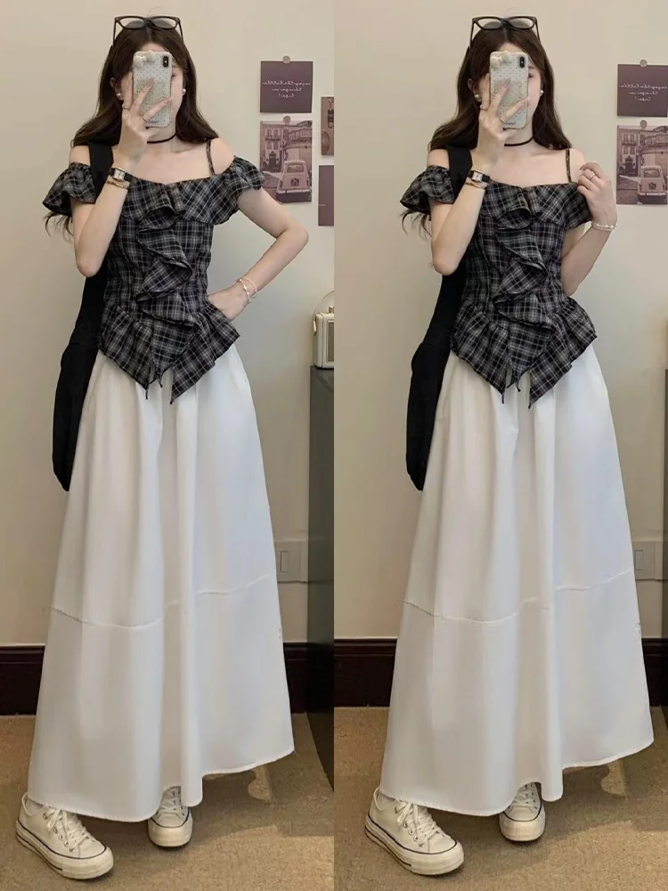 

plus Size Women's Summer Checkered Shirt And Half Skirt Set with Lace Trim One Shoulder Design Versatile High Waist Skirt