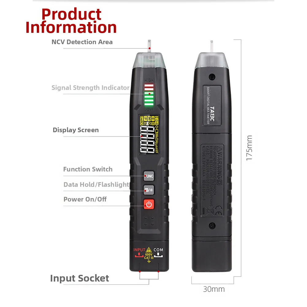 TA13C Digital Smart Pen Multimeter Portable with Auto Ranging and NCV Voltage Detection for Circuit Troubleshooting