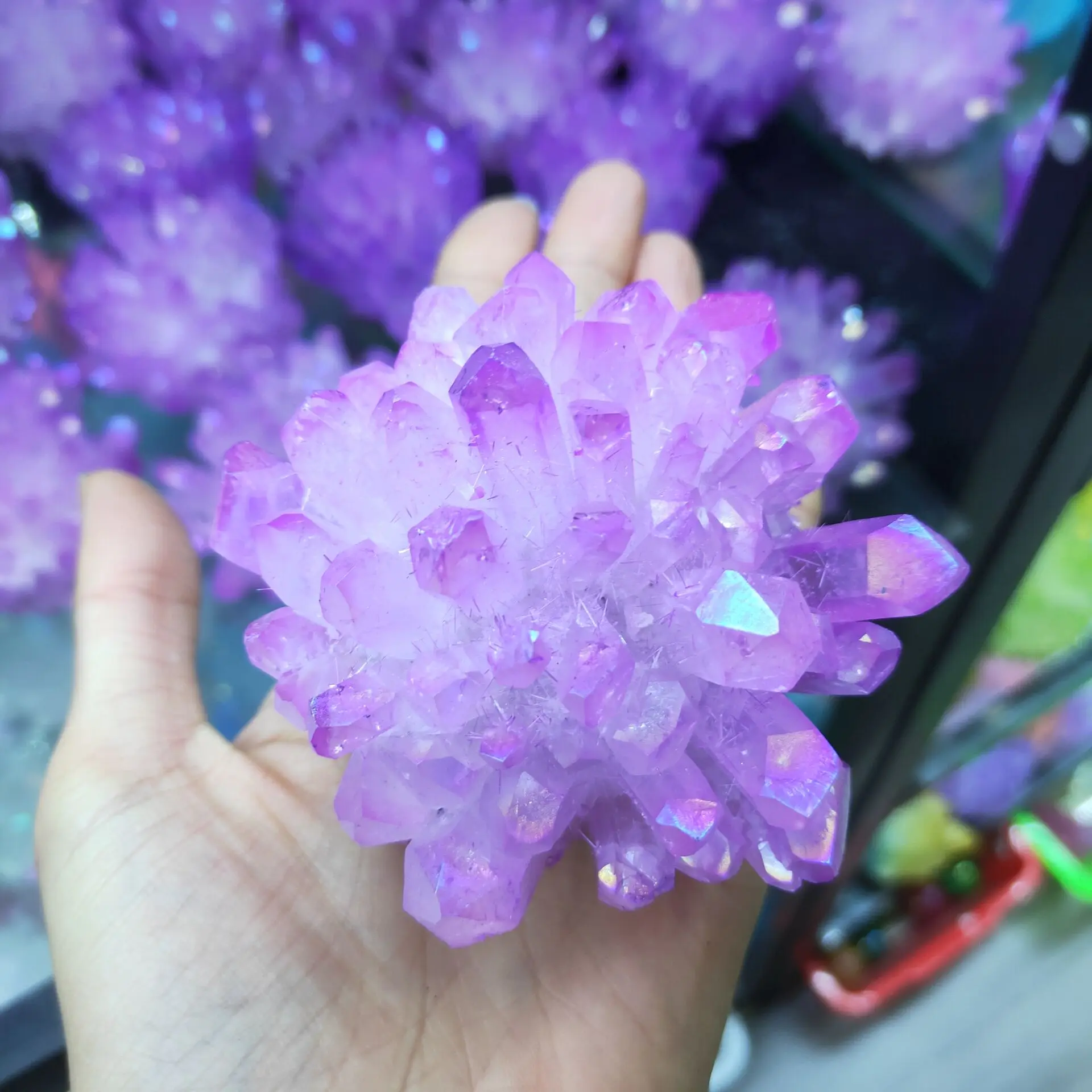 Rare beautiful purple flame aura quartz crystal cluster specimen Titanium Bismuth Silicon Cluster Rainbow