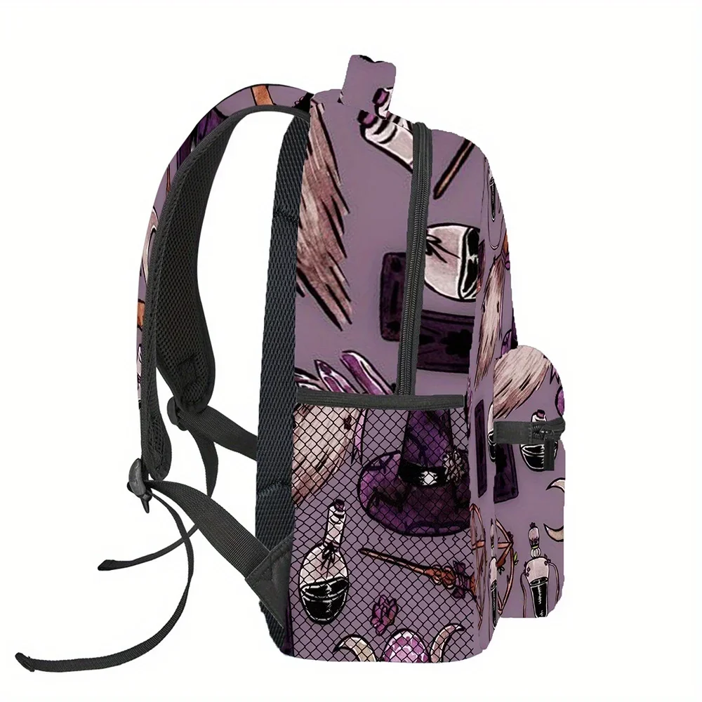 Custom Bag BagWhimsical Witch-Themed Large Capacity Backpack - Purple With Broomstick, Cauldron & Spellbook Design - Lightweigh