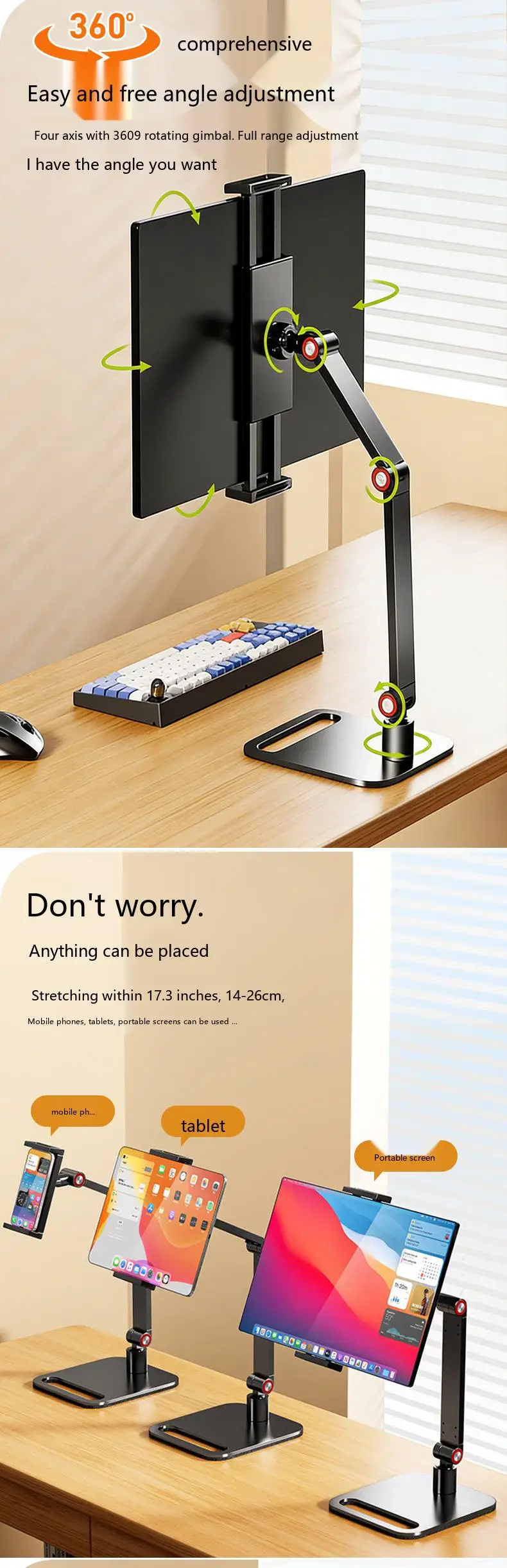360 ° Drehbarer Monitorständer, faltbar, 4 Ausführungen, stabile Tischhalterung für Laptop, Tablet, Telefon, aus Legierung – Detail 5