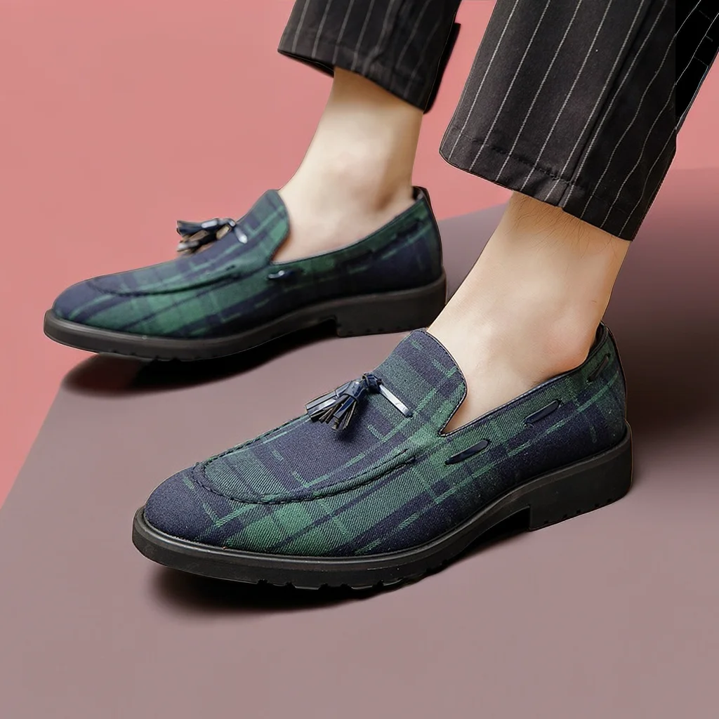 New Loafers Men Square Toe Tassels Gingham Canvas Fashion Dress Shoes Size 38-48