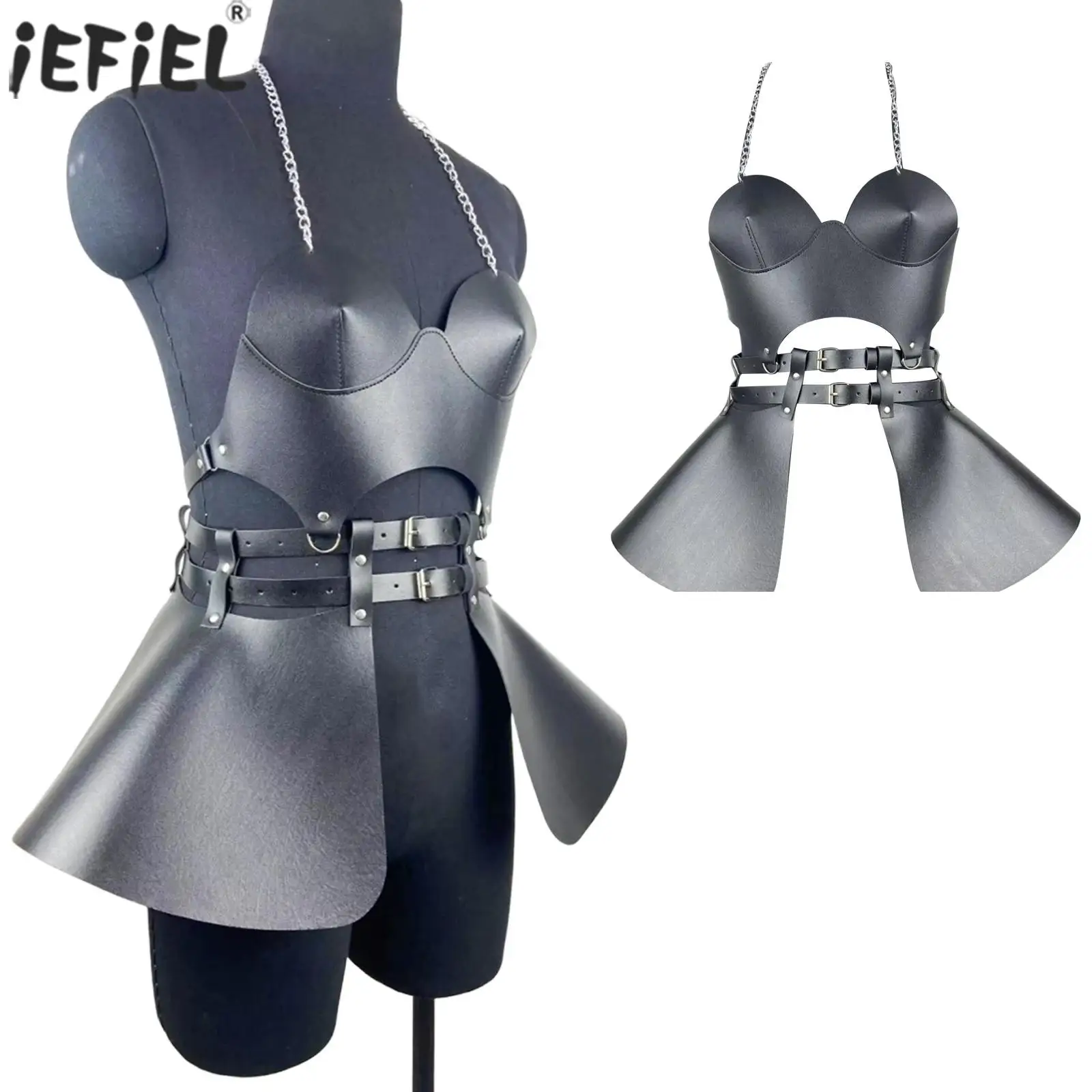 

Punk Faux Leather Women Body Chest Harness Short Skirt Adjustable Stage Performance Costumes Cosplay Accessories Harness