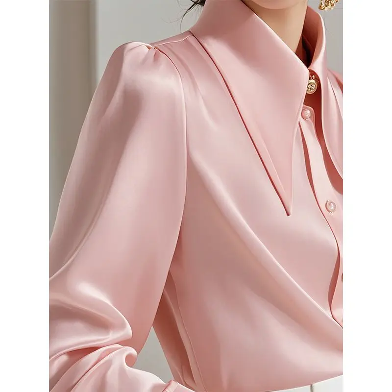French Entry Lux Pink Acetate Satin Long Sleeve Shirt Women's Design Sense Niche Early Autumn Unique Chic and Beautiful Top