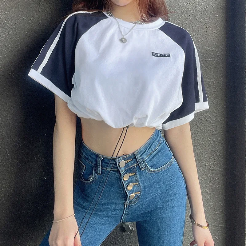 

Women Spring Summer Short Sleeve Drawstring Streetwear Patchwork T Shirt Indie Side Striped Hem E Girl Casual Woman T-Shirts Y2k