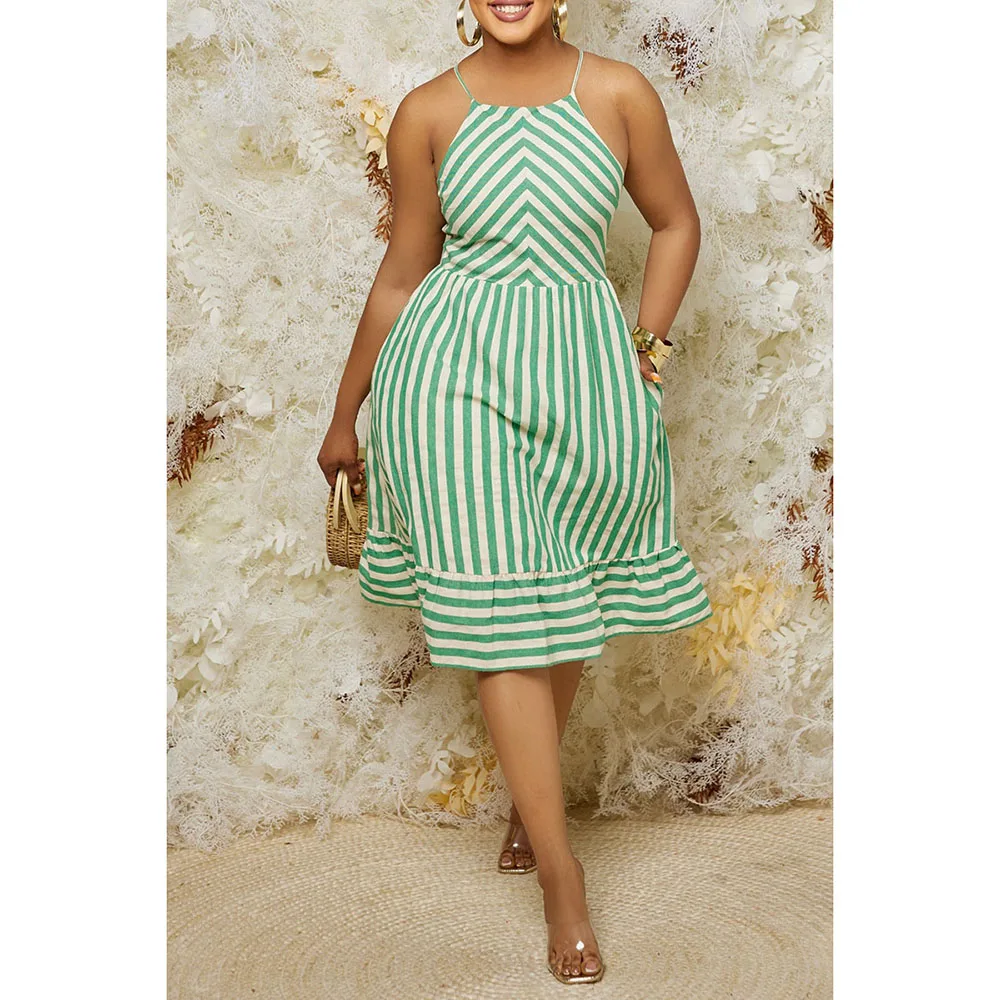 Plus Size Summer Green Casual Cami Stripe Ruffle Pocket Midi Dresses